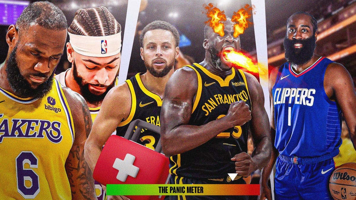 Warriors' Stephen Curry, Draymond Green, Lakers' Anthony Davis and LeBron James, Clippers' James Harden with NBA panic meter at the bottom