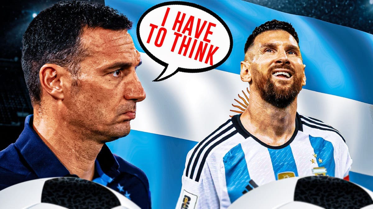 Lionel Scaloni saying: ‘I have to think’ next to Lionel Messi in front of the Argentine flag world cup