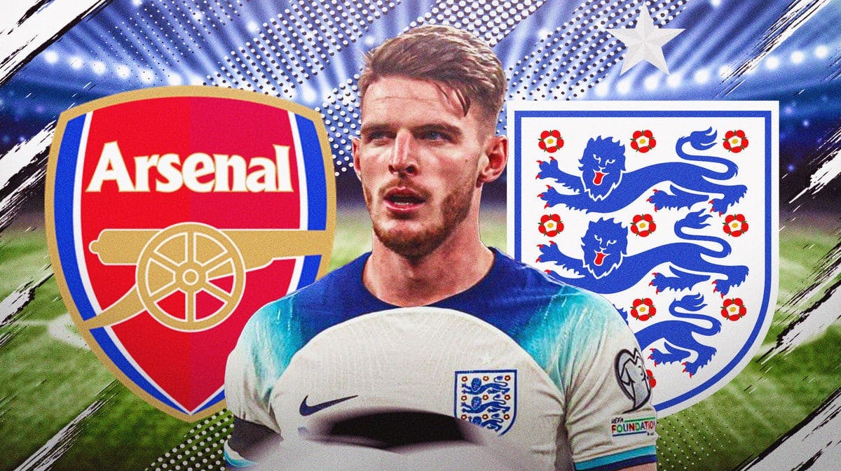Declan Rice in front of the Arsenal and England soccer logos