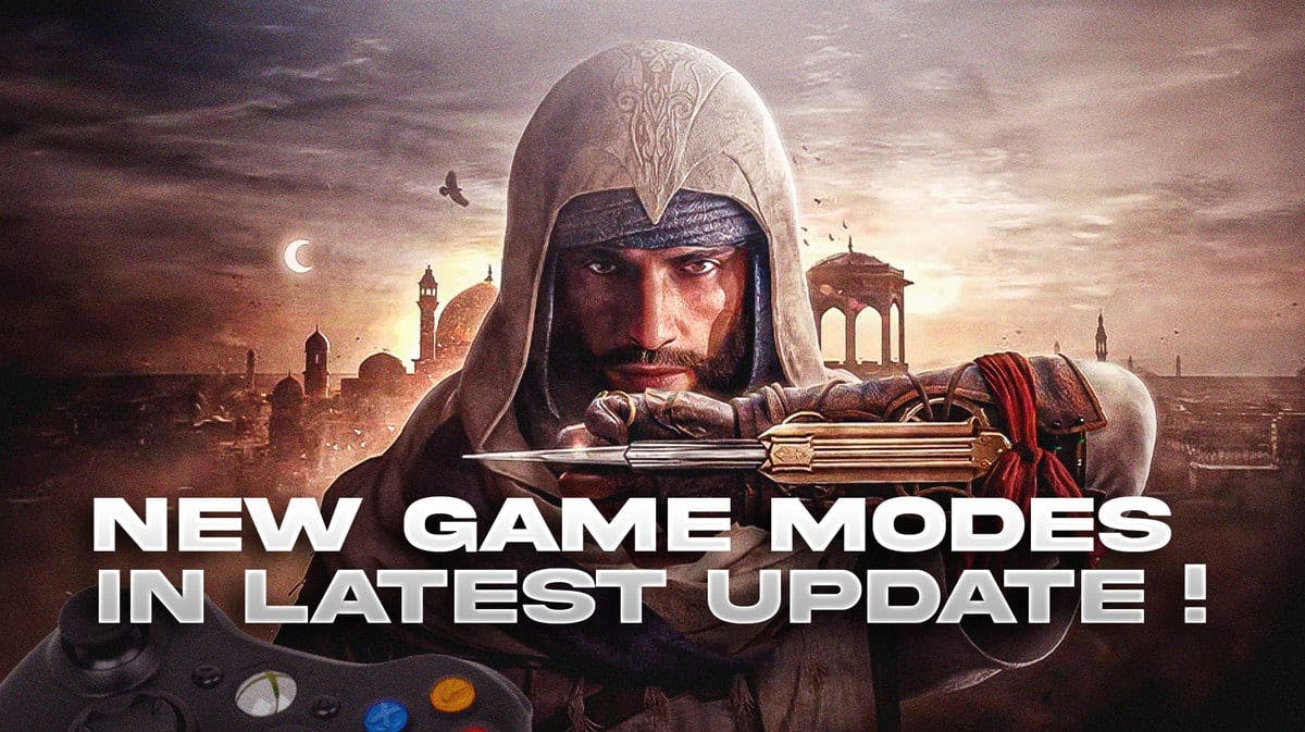 Assassin's Creed Mirage game with the caption 'New Game Modes In Latest Update!'