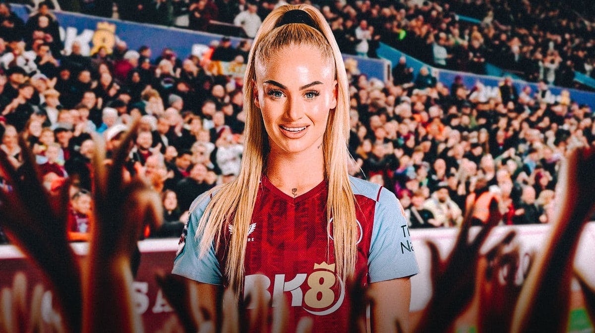 Alisha Lehmann in front of a crowd of fans, the Aston Villa logo in the air