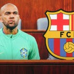 Dani Alves sitting in a courthouse, the Barcelona logo behind him