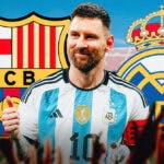 Lionel Messi in front of the Barcelona and Real Madrid logos
