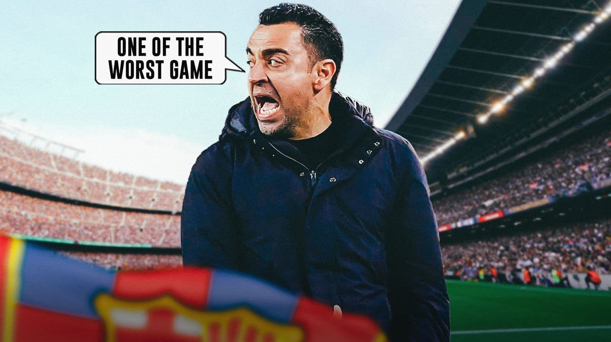 Xavi Hernandez saying: 'one of the worst game' angrily in front of the Barcelona logo