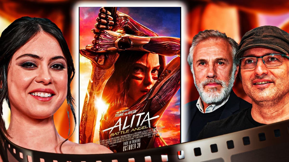 Alita: Battle Angel poster with Rosa Salazar, Christoph Waltz, and Robert Rodriguez.