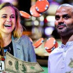Las Vegas Aces coach Becky Hammon and former San Antonio Spurs player Tony Parker. With playing cards, money and poker chips all around them.