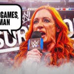 Becky Lynch with a text bubble reading “WarGames, man” in front of the 2023 Survivor Series logo.
