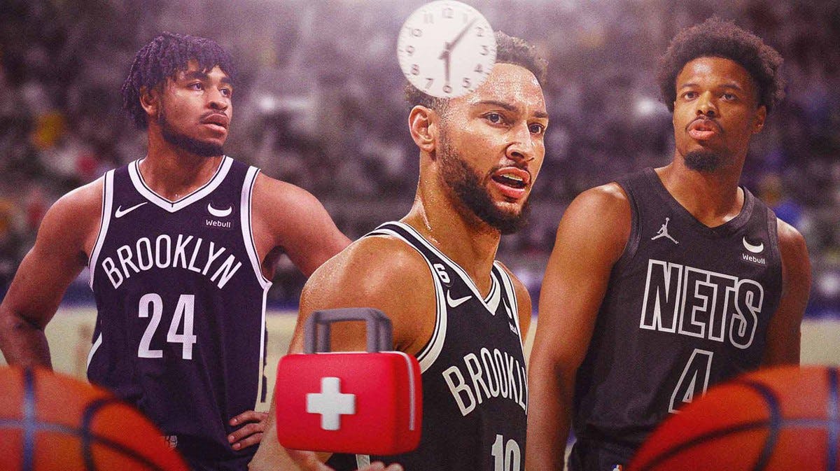 Ben Simmons looking serious in Nets jersey with clock above him, medical kit beside him, Cam Thomas, Dennis Smith Jr behind him in Nets jerseys as well