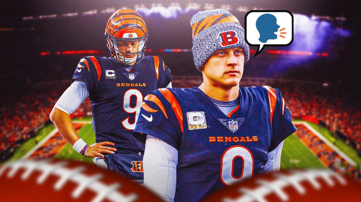 Bengals' Joe Burrow looking sad and with a talking head emoji in a quote bubble amid season-ending injury