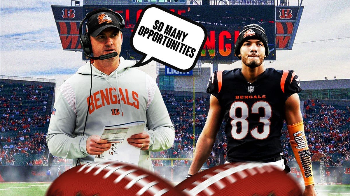 Cincinnati Bengals coach Zac Taylor and speech bubble “So Many Opportunities” and image of Bengals WR Tyler Boyd next to him