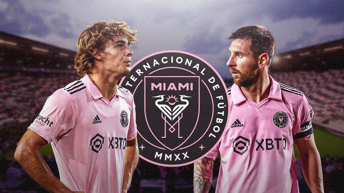 Benjamin Cremaschi and Lionel Messi in front of the Inter Miami logo