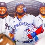 Vladimir Guerrero Jr. in Blue Jays, Yankees, and Mariners jerseys as possible trade destinations.
