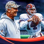 A recent picture of Frank Reich as coach of the Carolina Panthers alongside one of him as quarterback for the Buffalo Bills