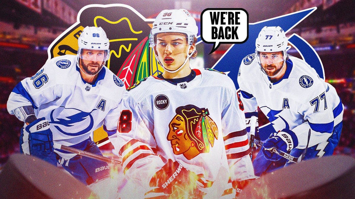 Connor Bedard in middle of image with fire around him and speech bubble: “We’re back” , Nikita Kucherov and Victor Hedman on either side looking stern, CHI Hawks and TB Lightning logo, hockey rink in background