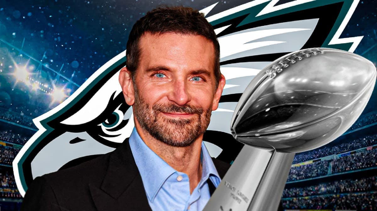 Bradley Cooper with Philadelphia Eagles background and Super Bowl Lombardi Trophy.