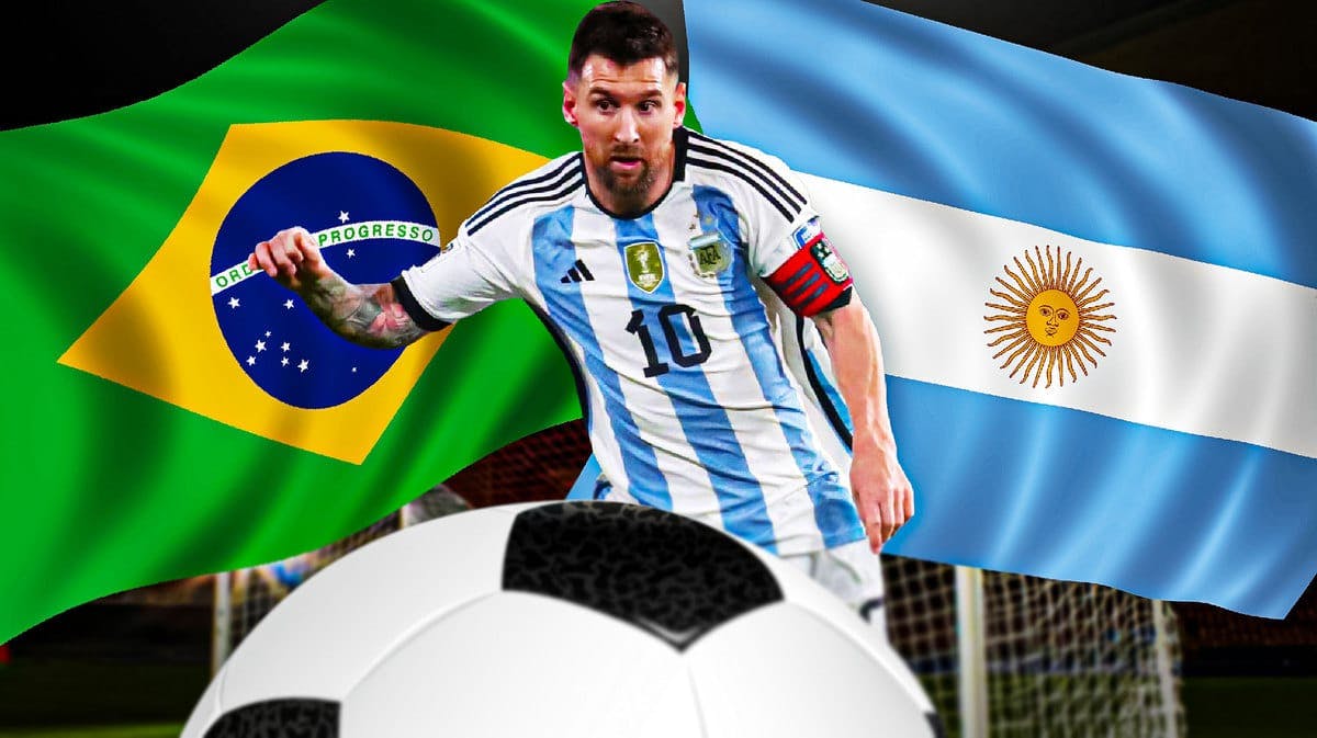 Lionel Messi in front of the Argentine and Brazil flags, with Police lines in front of him