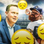 Brewers GM Matt Arnold with sad emojis all over him, with Brandon Woodruff looking angry on the side