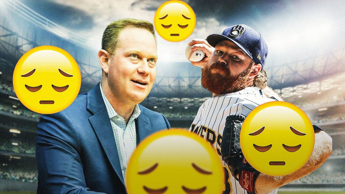 Brewers GM Matt Arnold with sad emojis all over him, with Brandon Woodruff looking angry on the side