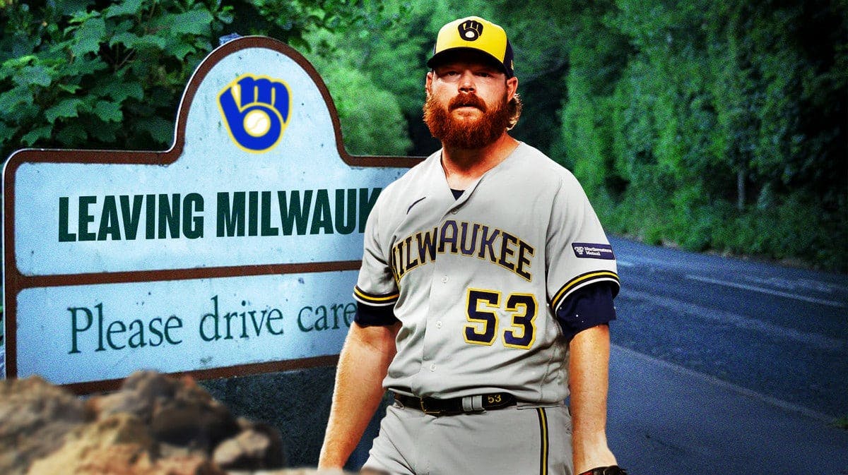 Brewers' Brandon Woodruff walking on the side of a road. Place a sign on the road that reads: Leaving Milwaukee