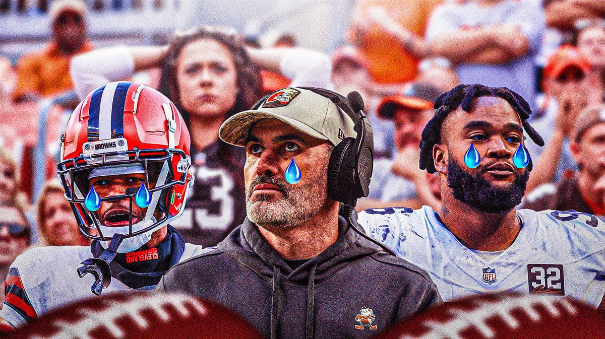 Kevin Stefanski, Greg Newsome, Jordan Elliott all with tear emojis 💧 and with crying Cleveland Browns fans in the background.