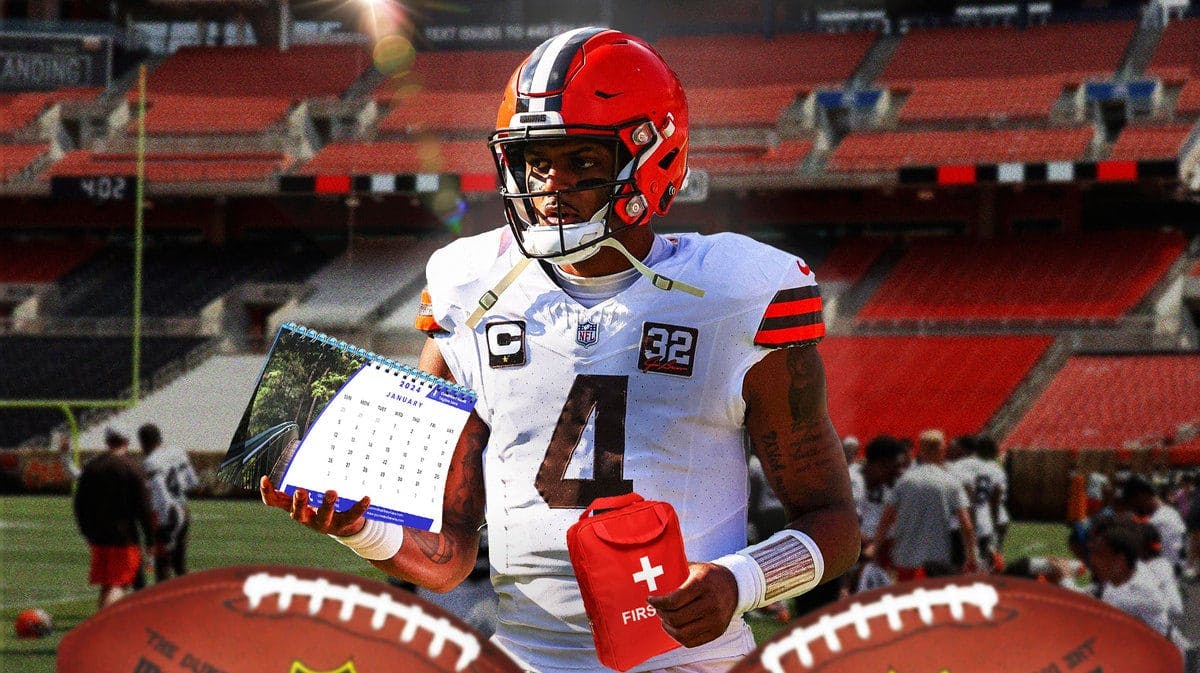 Browns' Deshaun Watson with first-aid kit on one hand and a 2024 calendar on the other