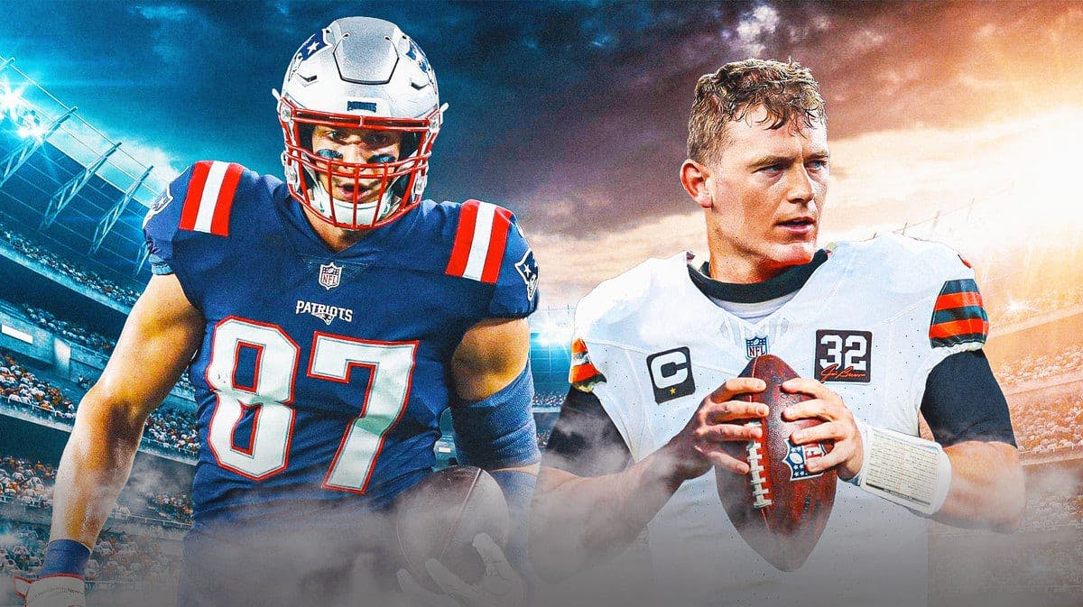 Rob Gronkowski in a New England Patriots jersey and current Patriots QB Mac Jones photoshopped into a Cleveland Browns uniform