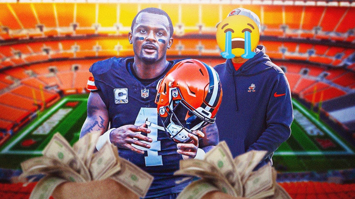Browns QB Deshaun Watson and a fan crying over his contract and injury.