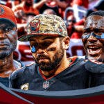 Baker Mayfield, Devin White, Coach Todd Bowles all with tear emojis 💧 Crying Tampa Bay Buccaneers fans in the background