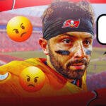TB Buccaneers QB Baker Mayfield and speech bubble “Grrr” with rage emojis around him