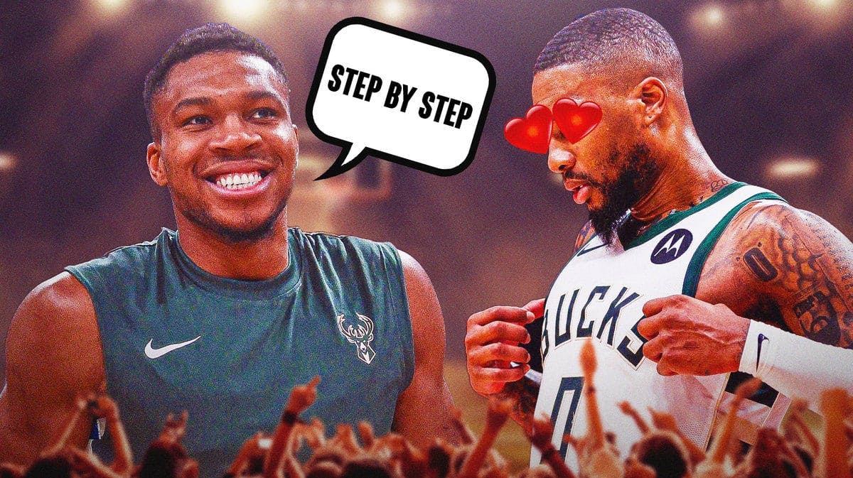 Thumb: Bucks' Giannis Antetokounmpo saying, “Step by step”. Damian Lillard with heart eyes.