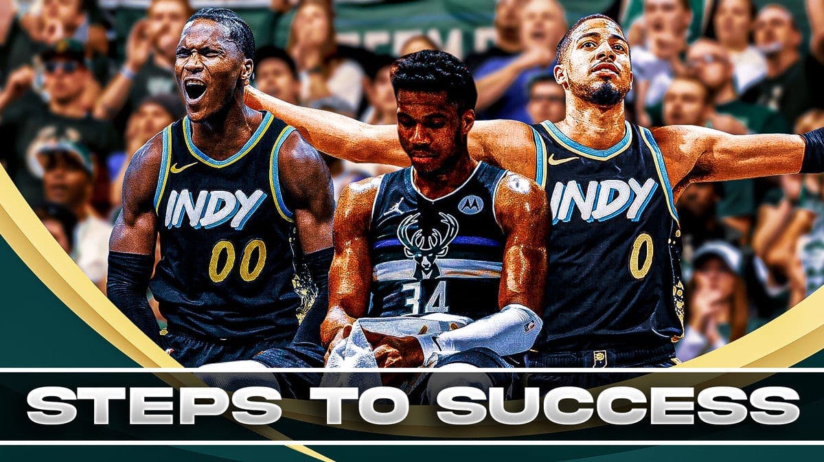 Bucks' Giannis Antetokounmpo looking sad, with Pacers' Tyrese Haliburton and Bennedict Mathurin celebrating beside him, with caption below: STEPS TO SUCCESS
