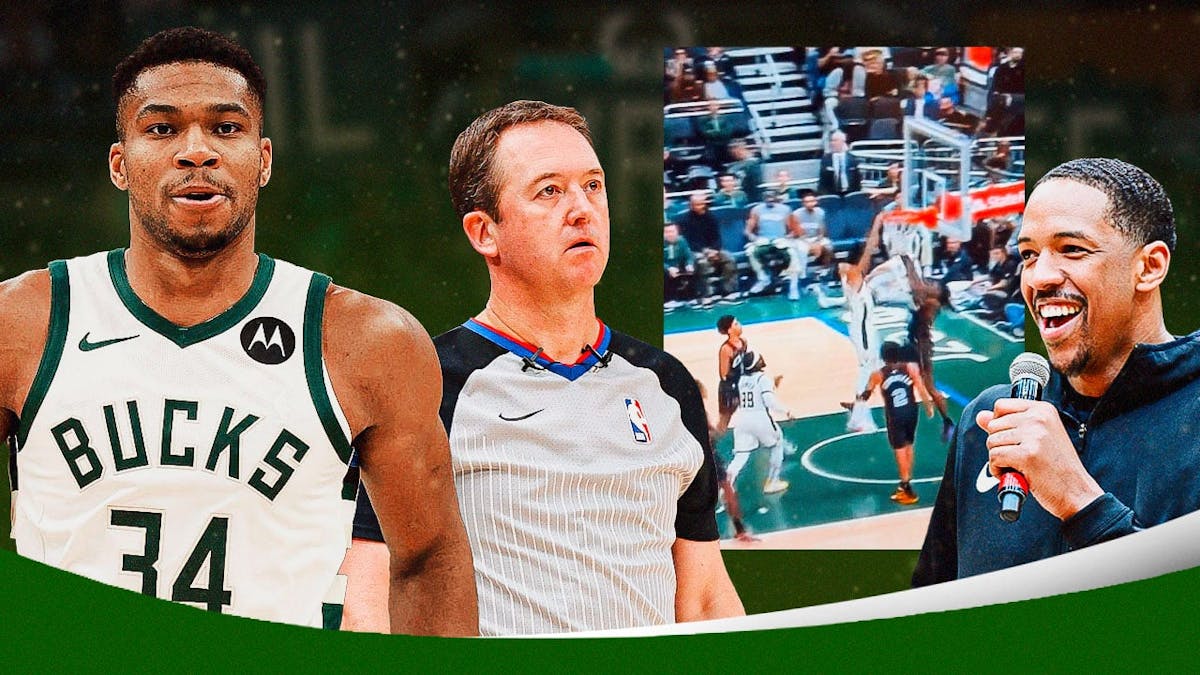 Bucks Giannis Antetokounmpo looking angry, with referee Scott Twardoski on the side, with a screenshot of Giannis' dunk in the middle from this tweet and a confused Channing Frye in the middle