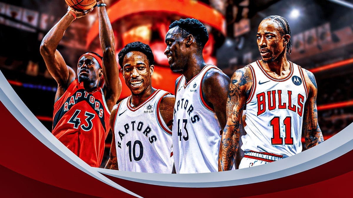 Bulls' DeMar DeRozan angry in the middle, while looking at a shooting Pascal Siakam, with picture of Siakam and DeRozan together in a Raptors uni from 2018