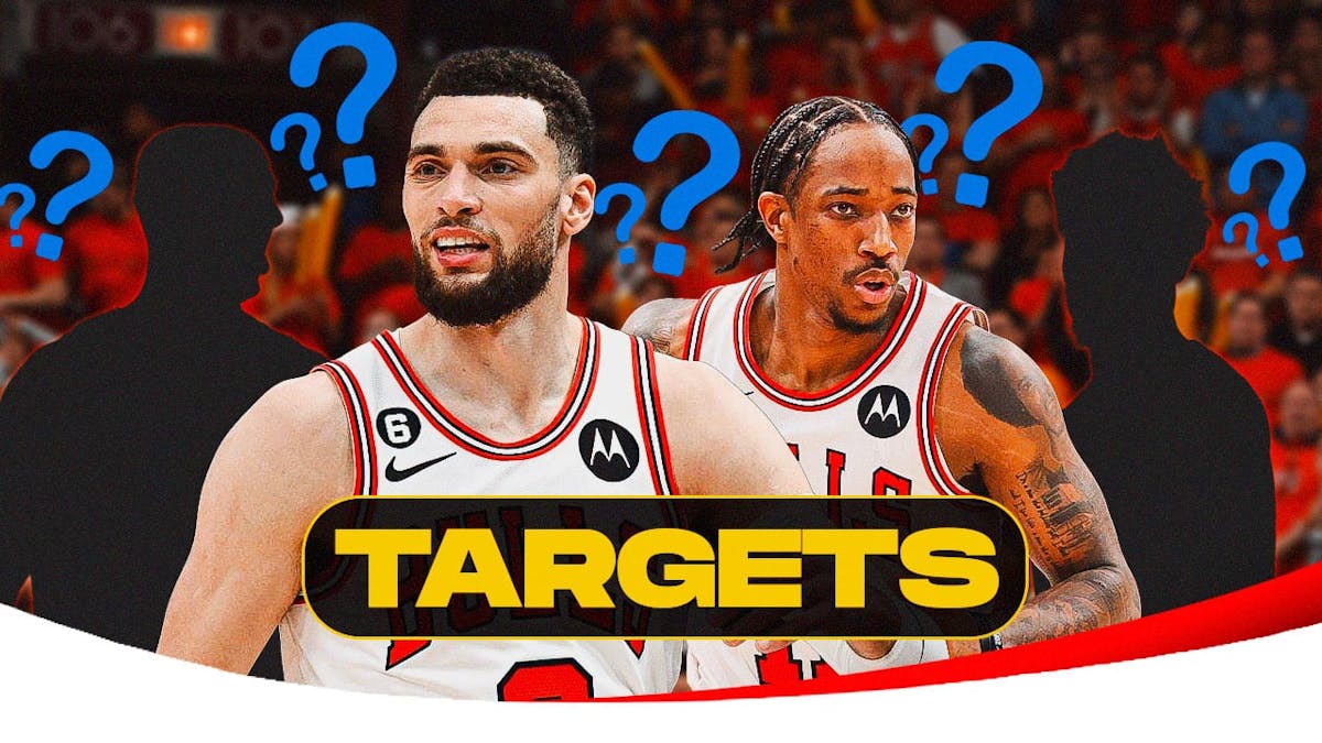 Zach LaVine and DeMar DeRozan in the middle, two Mystery Players around them, and question marks (❓) in the background.