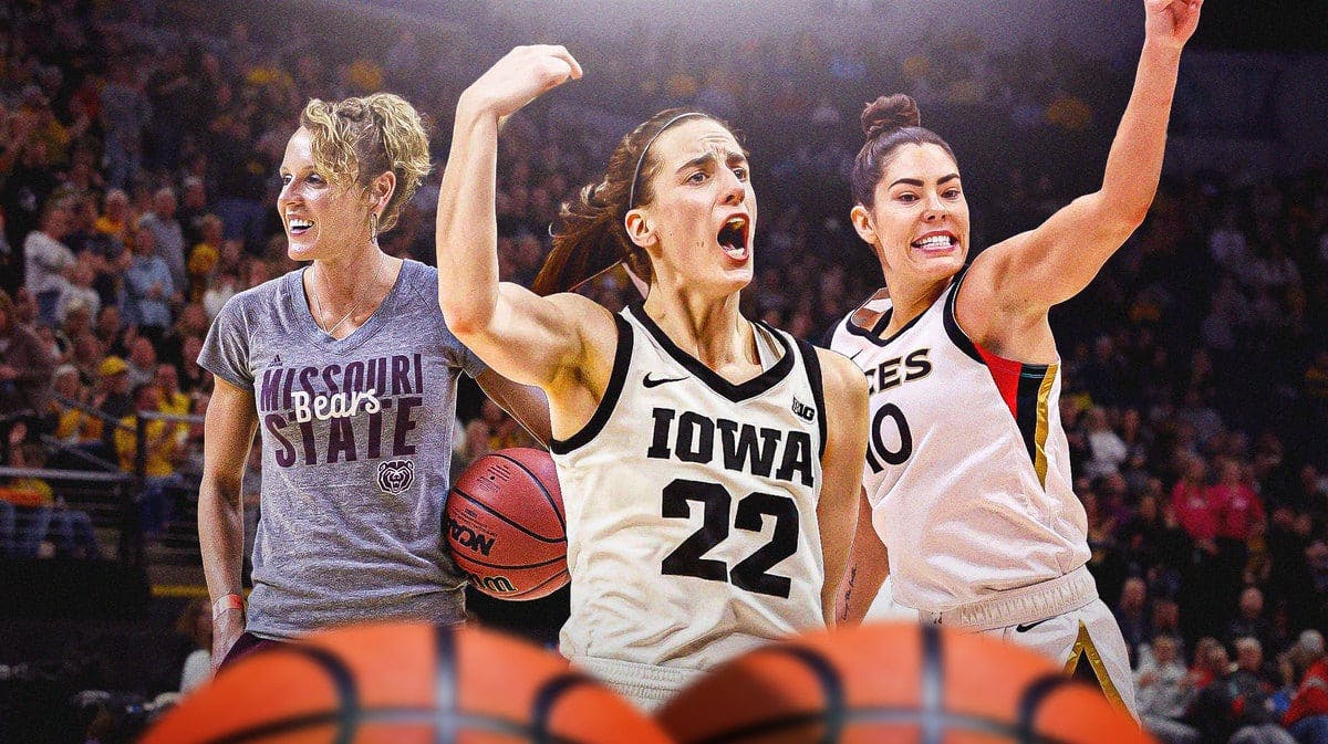 Iowa woman's basketball player Caitlin Clark in the center of the image as the main focus, with Las Vegas Aces Kelsey Plum and basketball coach/former WNBA player Jackie Stiles on either side of clark
