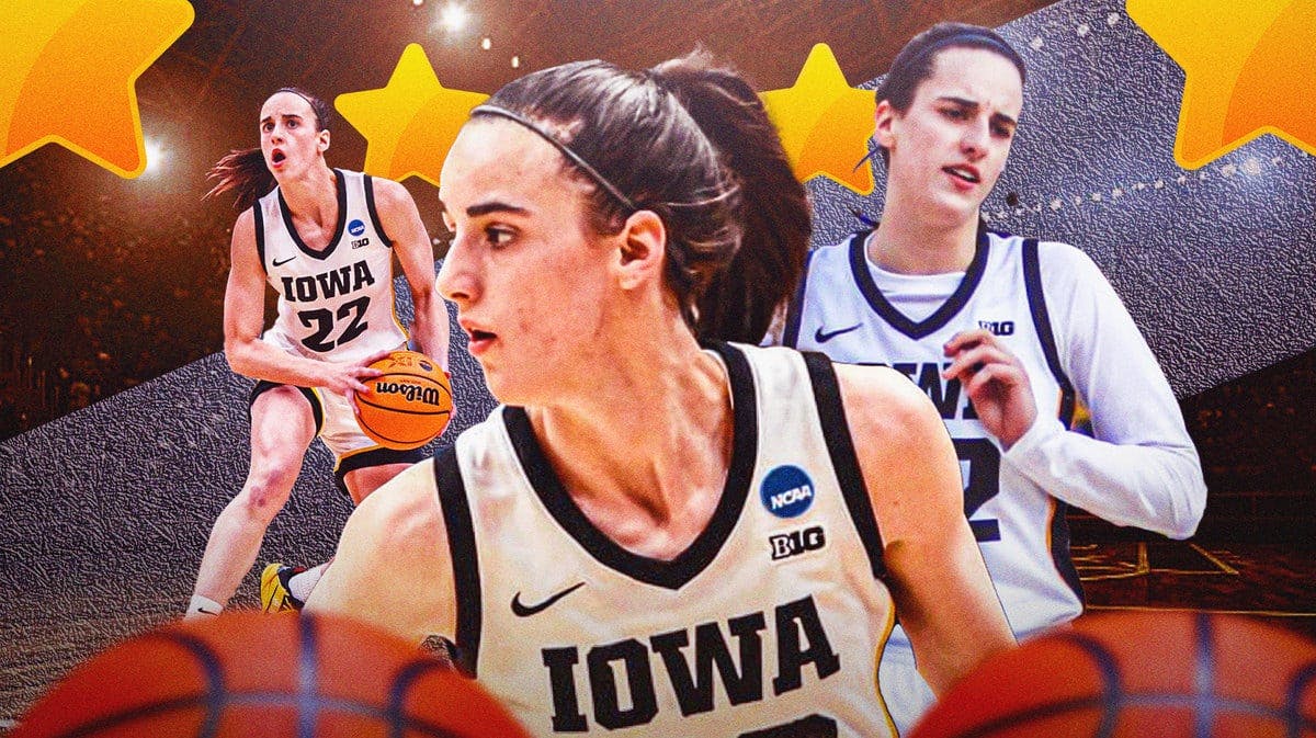 Different cut-outs of Iowa women’s basketball player Caitlin Clark, with stars and basketballs along the edges of the image