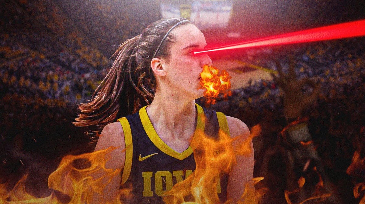 graphic - Iowa women’s basketball player Caitlin Clark in her uniform on a basketball court, with red laser eyes and as if breathing fire