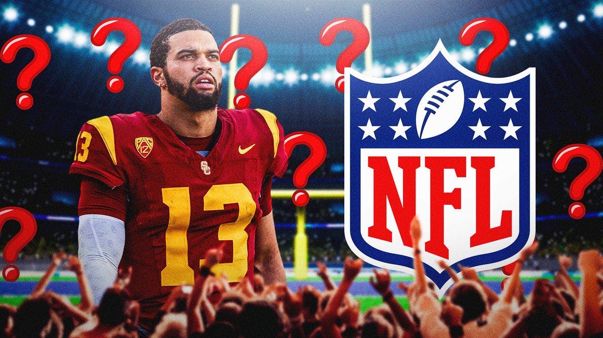USC football quarteback Caleb Williams next to the NFL logo with question marks around them.