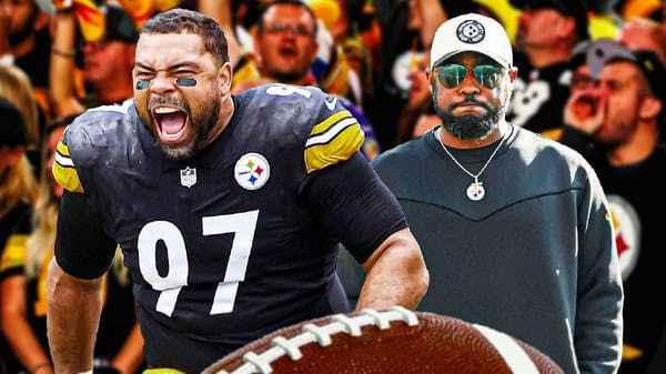 Photo: Cam Heyward and Mike Tomlin in Steelers gear, with crowd chanting behind them