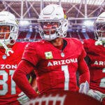 Cardinals Kyler Muray with Marquise Brown on one side and Emari Demercado on the other