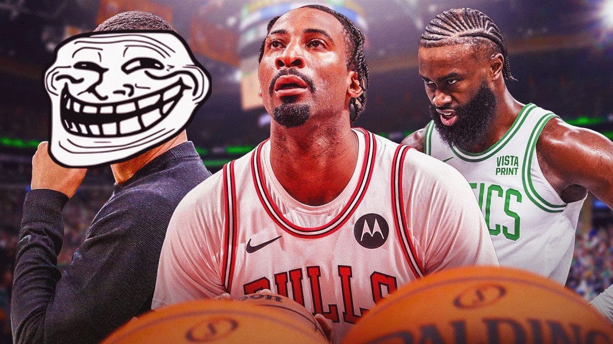Joe Mazzulla with the trollface at Bulls' Andre Drummond, with Celtics' Jaylen Brown looking pissed
