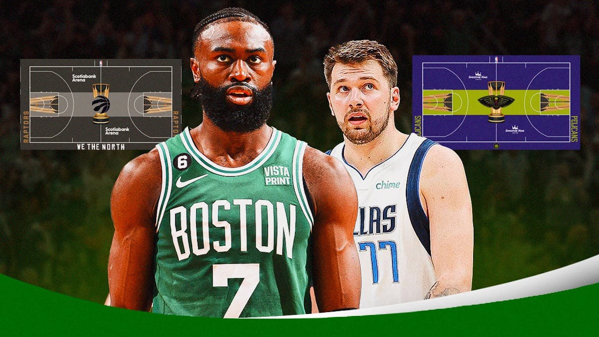 Celtics' Jaylen Brown and Mavs' Luka Doncic looking angry, with the Raptors and Pelicans' In-Season Tournament courts beside them, respectively