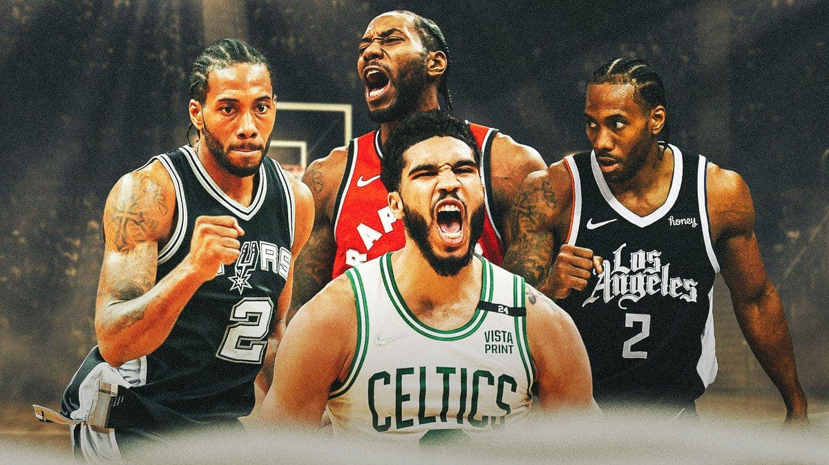 Celtics' Jayson Tatum hyped up, with three versions of Kawhi celebrating on the right (Spurs, Raptors, and Clippers versions)
