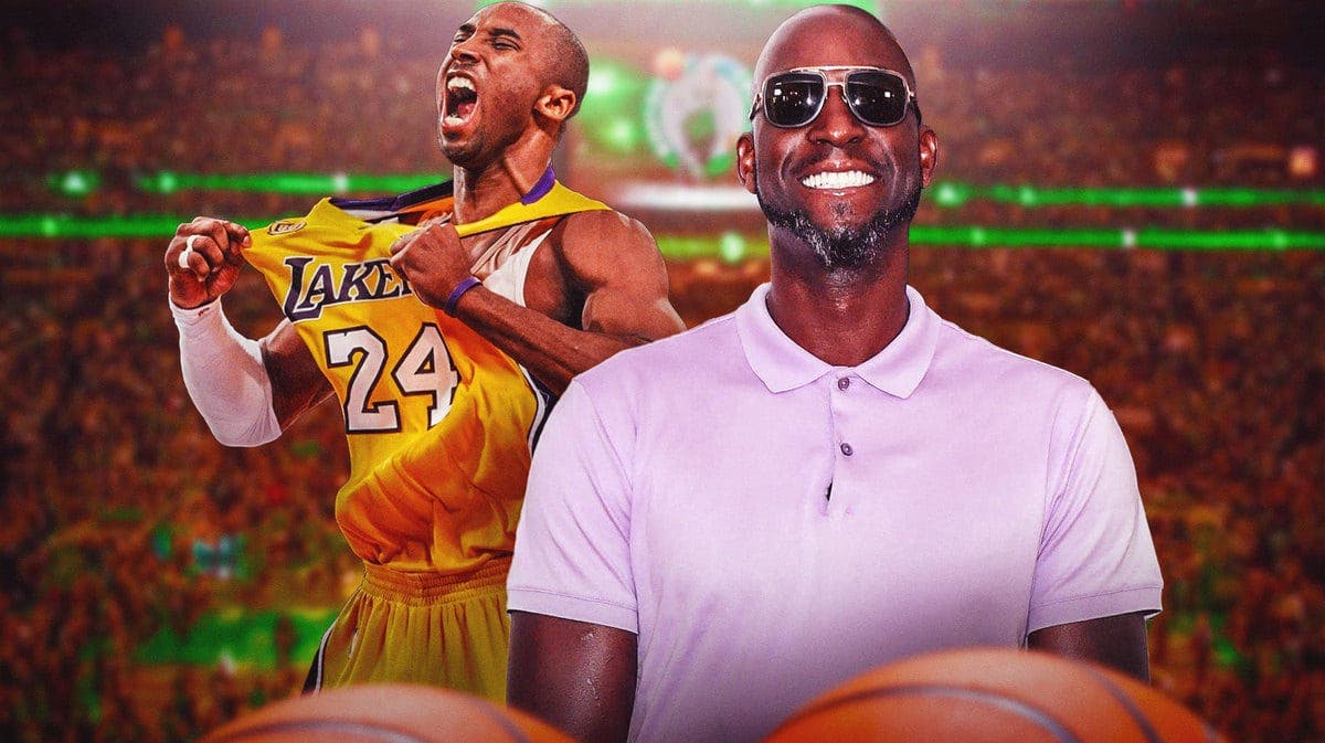 image idea: Kevin Garnett in regular clothes smiling/looking happy next to Kobe Bryant in a Lakers jersey (maybe this image for reference image.png) on a basketball court background