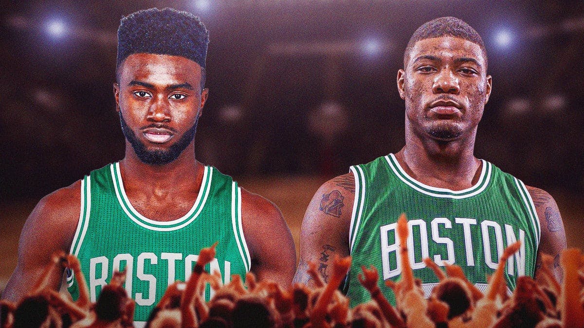 Celtics' Jaylen Brown with former teammate Marcus Smart