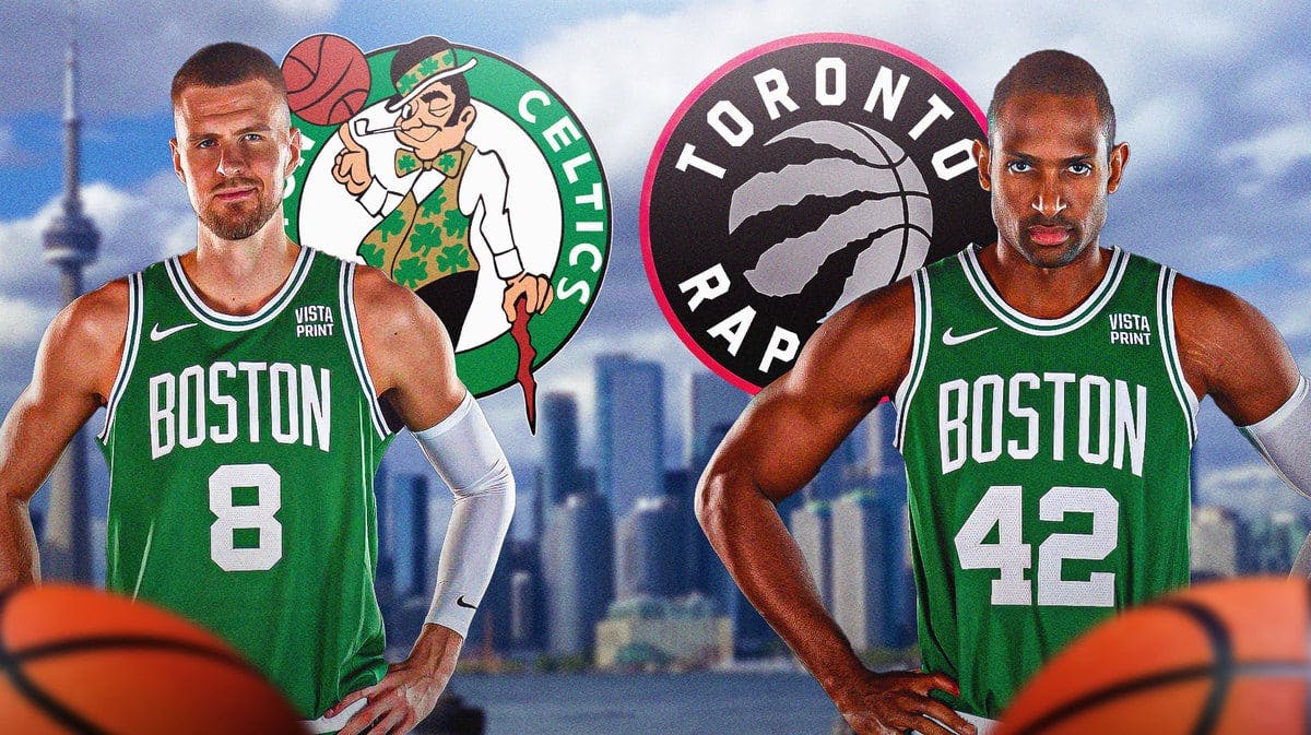 Kristaps Porzingis and Al Horford looking serious on a Toronto city skyline with Celtics and Raptors logos behind the players
