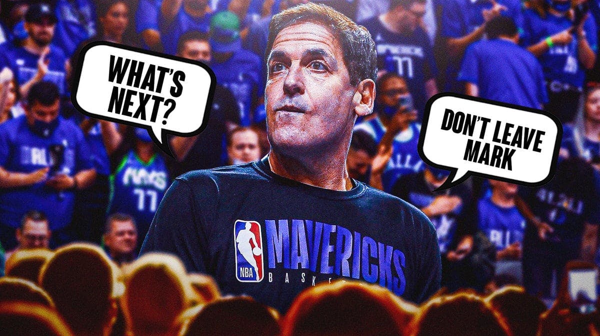 Mavs owner Mark Cuban with fans yelling "What's next" and "Don't leave Mark!"