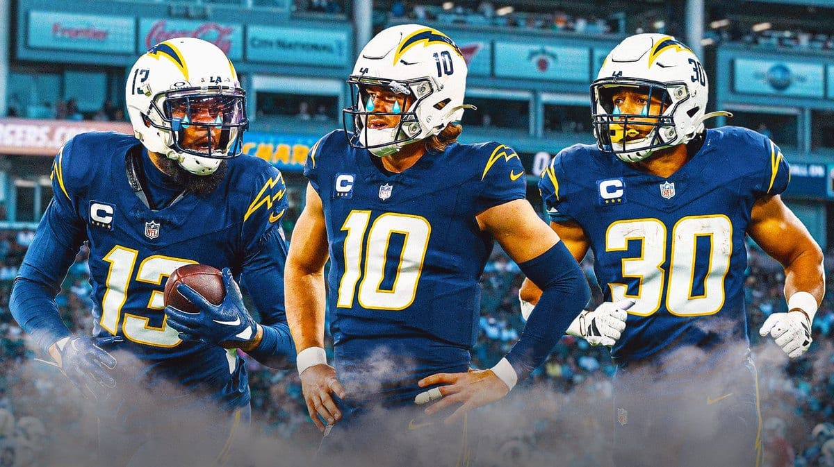 Justin Herbert, Keenan Allen, Austin Ekeler all with tear emojis 💧 and with crying Los Angeles Chargers fans in the background.