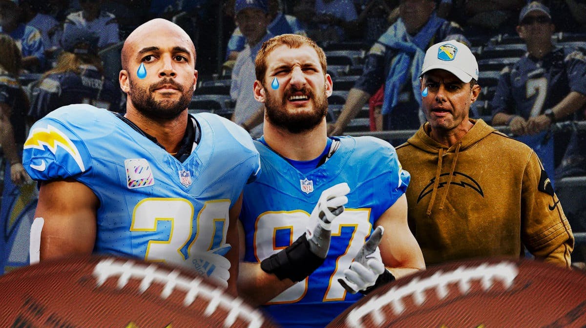 Austin Ekeler, Joey Bosa, Coach Brandon Staley all with tear emojis 💧 and with crying Los Angeles Chargers fans in the background.
