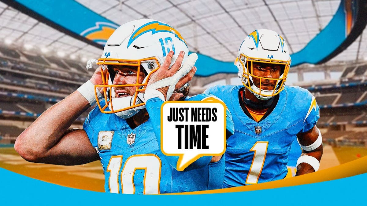 Los Angeles Chargers' Justin Herbert and speech bubble “Just Needs Time” next to image of LA Chargers' Quentin Johnson